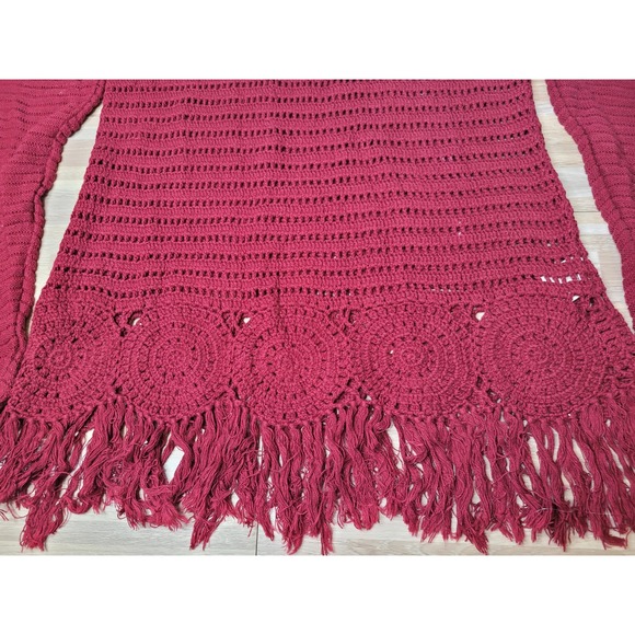 Nine West‎ American Vintage Crochet Fringe Tunic Top Sweater Size M Burgundy - Picture 4 of 10